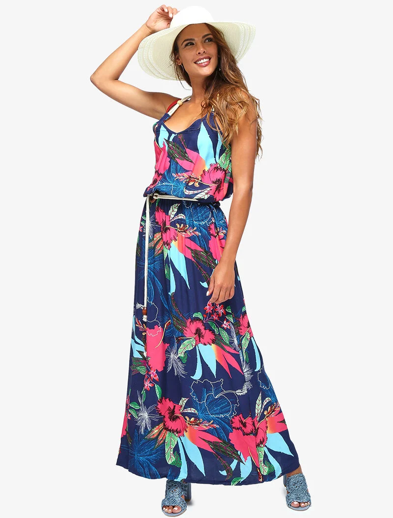 Robe à imprimé tropical et détails style cordes - marine