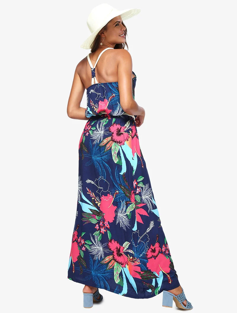 Robe à imprimé tropical et détails style cordes - marine