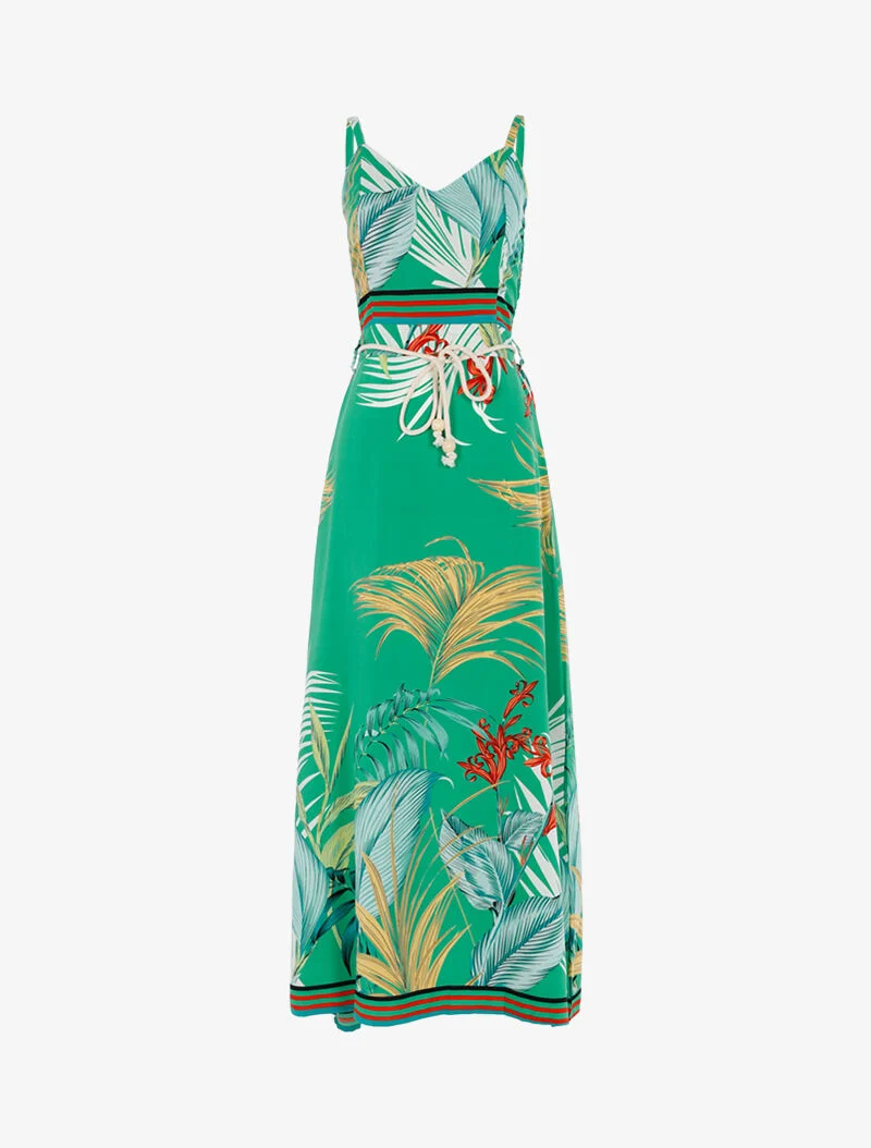 Robe à imprimé feuillages et détails rayés - vert