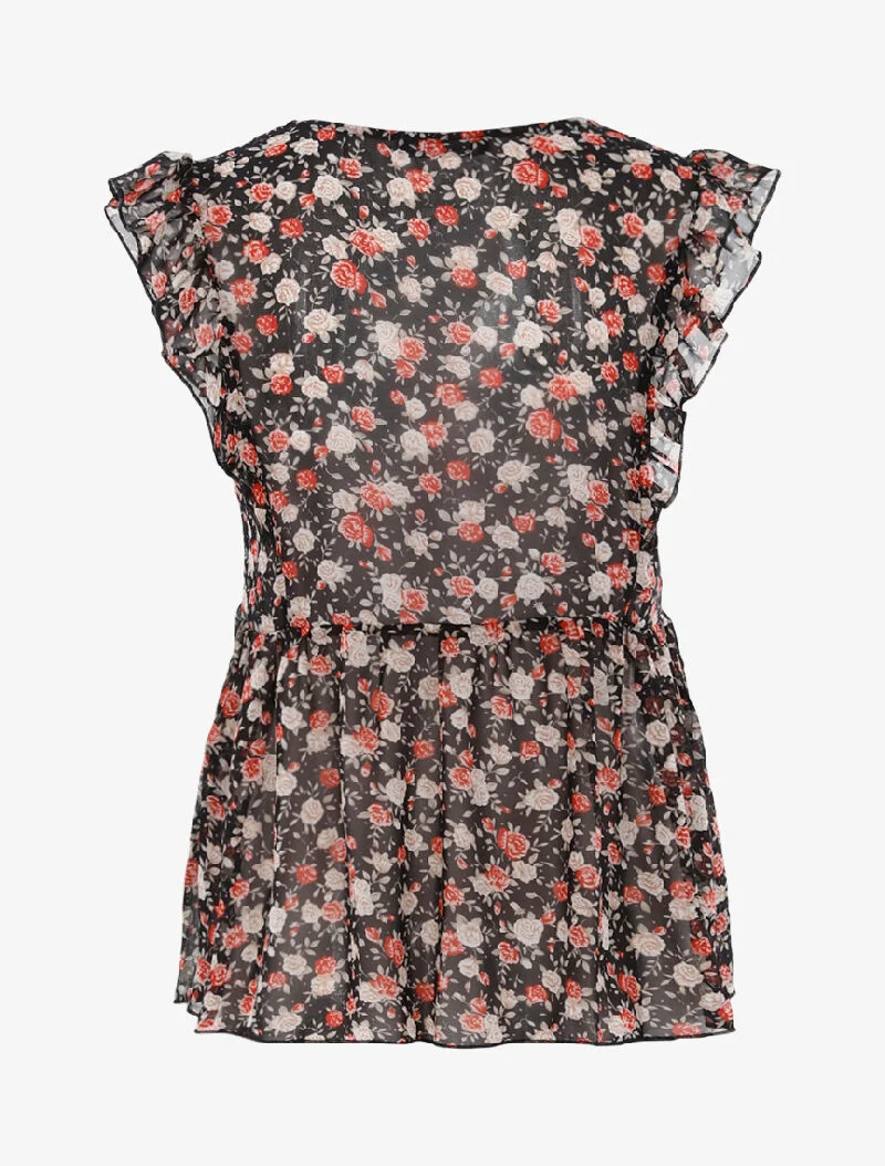 Top transparent fleuri - noir