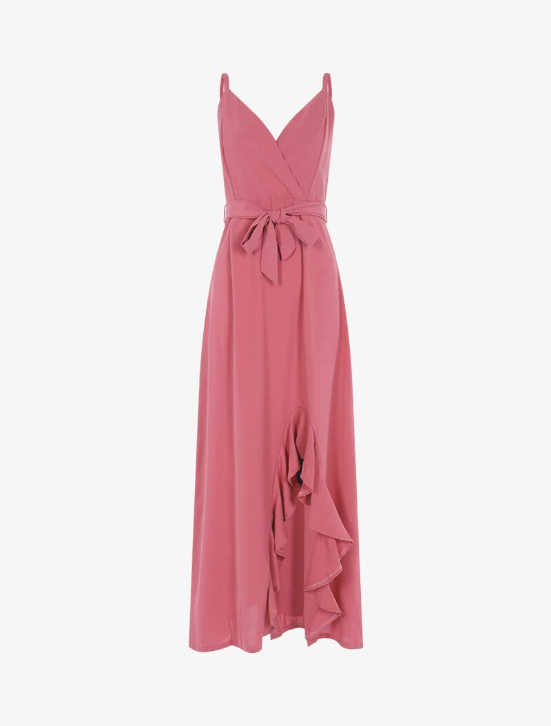 Robe longue à bord fendu volanté - rose