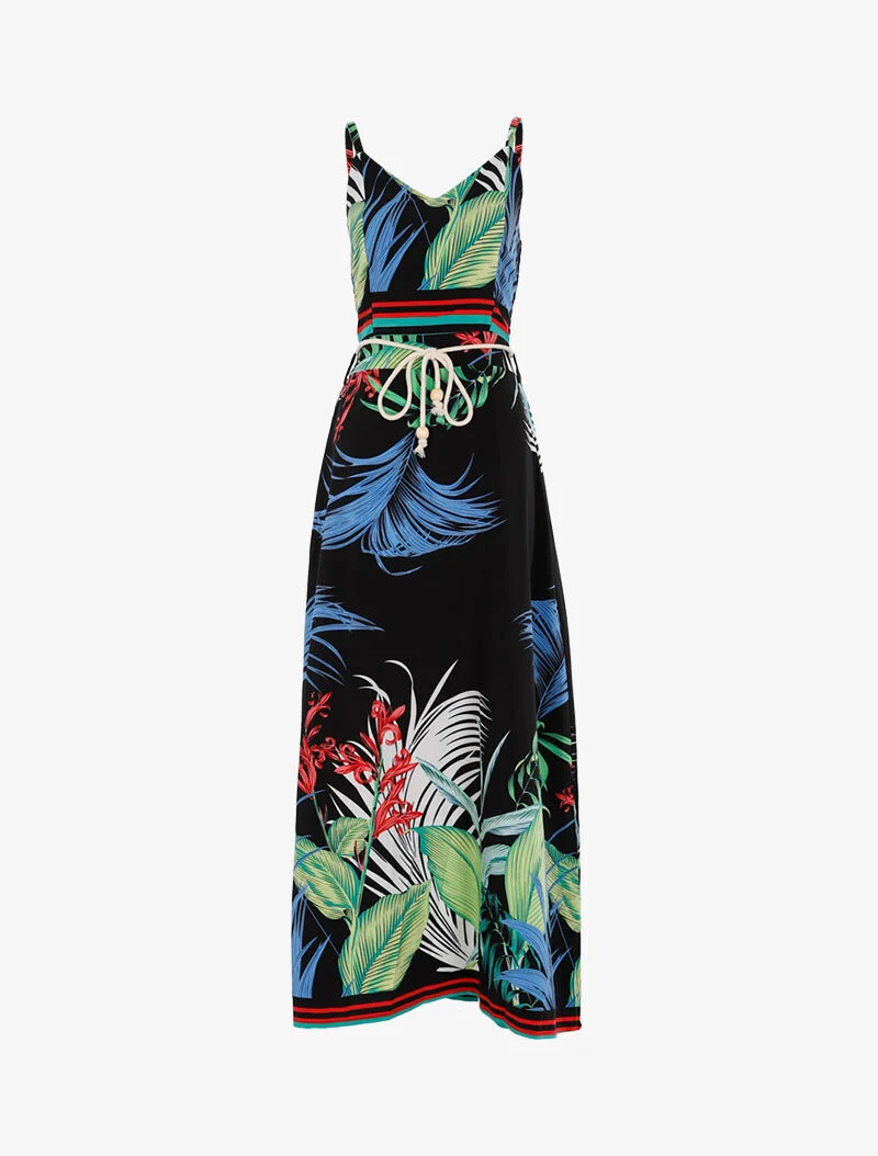 Robe à imprimé feuillages et détails rayés - noir