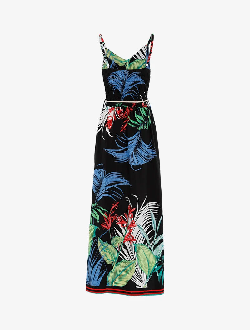 Robe à imprimé feuillages et détails rayés - noir