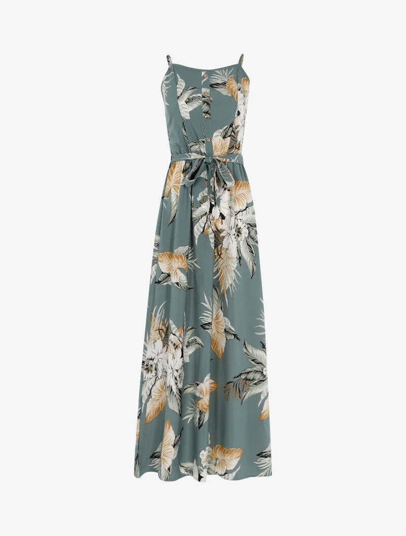 Robe longue à imprimé tropical - bleu gris