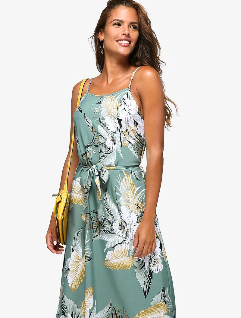 Robe longue à imprimé tropical - bleu gris