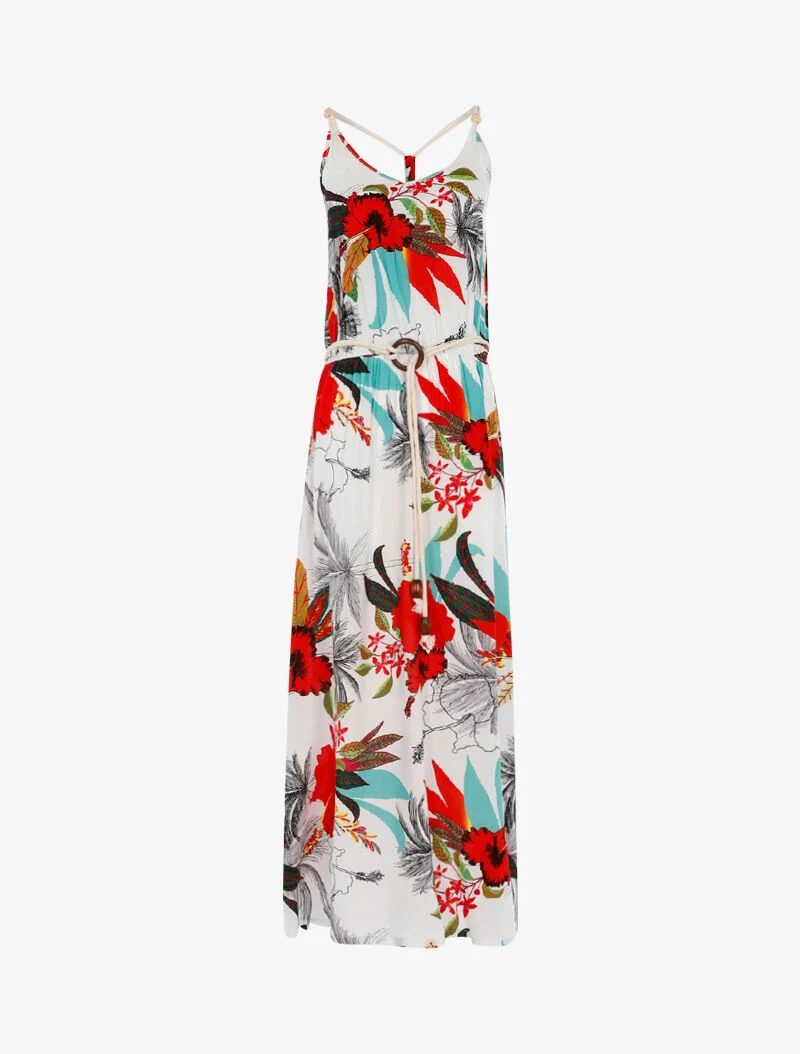 Robe à imprimé tropical et détails style cordes - blanc