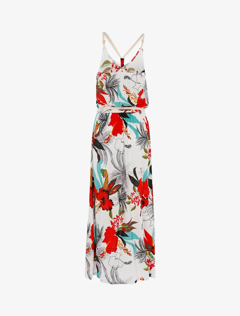 Robe à imprimé tropical et détails style cordes - blanc
