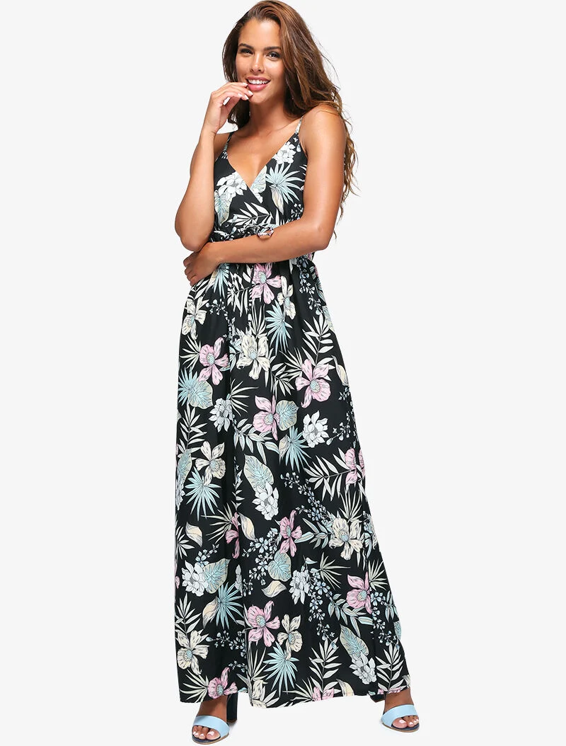 Robe fleurie à encolure cache-coeur - noir