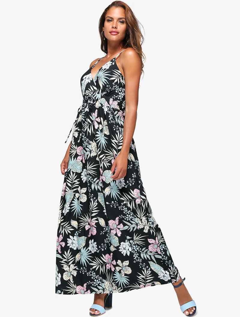 Robe fleurie à encolure cache-coeur - noir