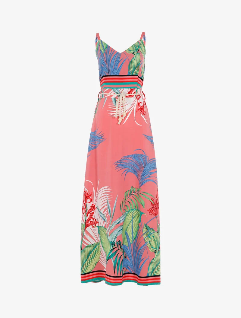 Robe à imprimé feuillages et détails rayés - rose