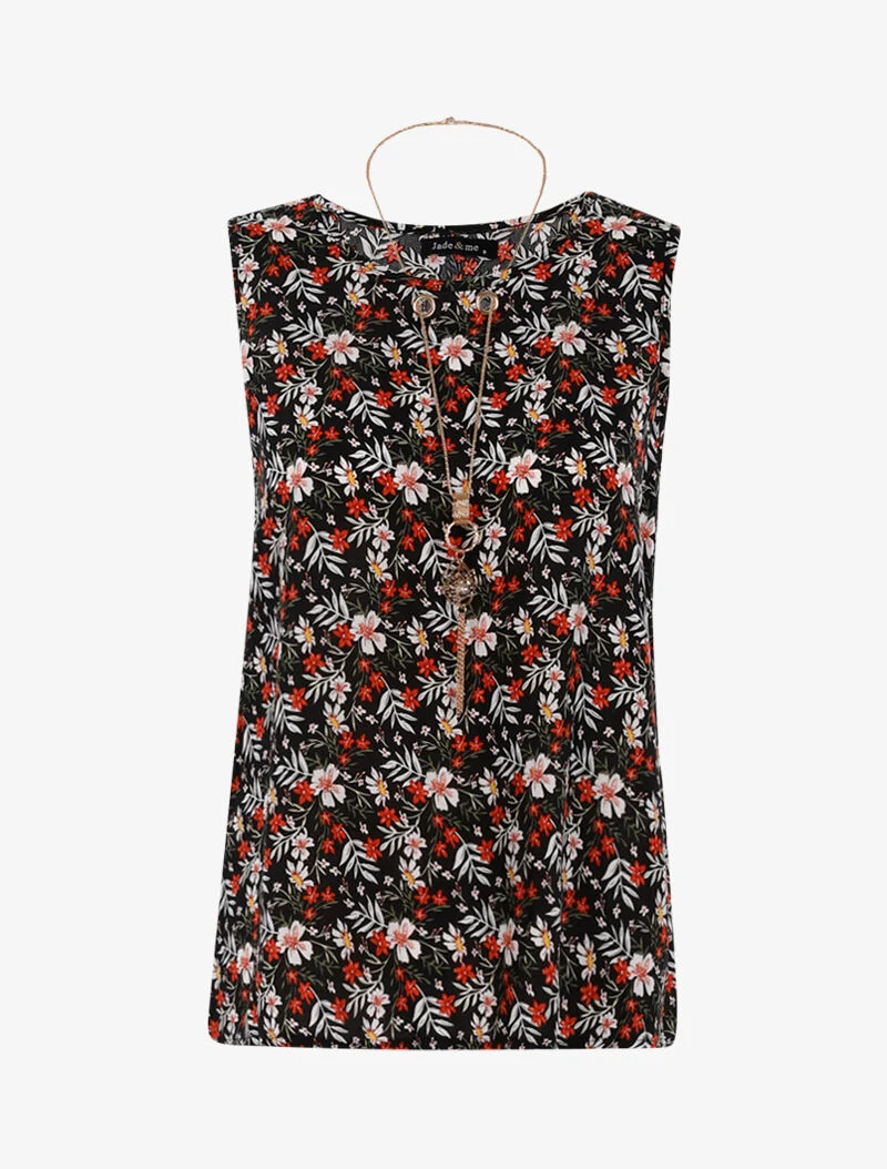 Top à imprimé fleuri et sautoir - noir