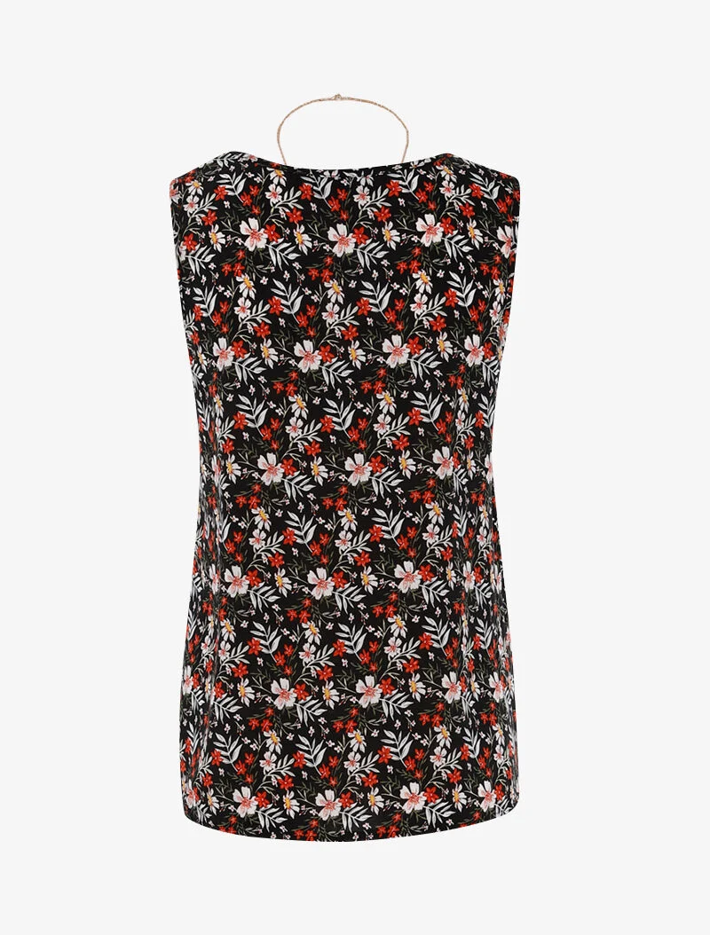 Top à imprimé fleuri et sautoir - noir