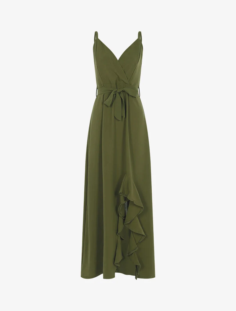Robe longue à bord fendu volanté - kaki