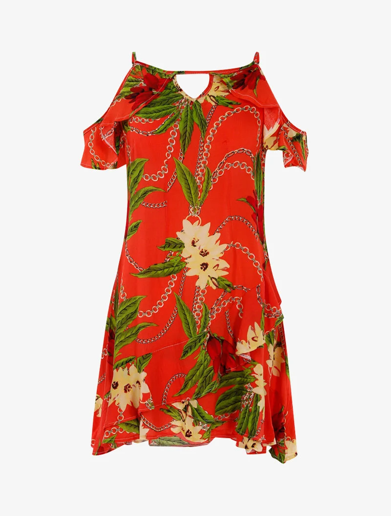 Robe légère à imprimé floral et chaînes - rouge orangé