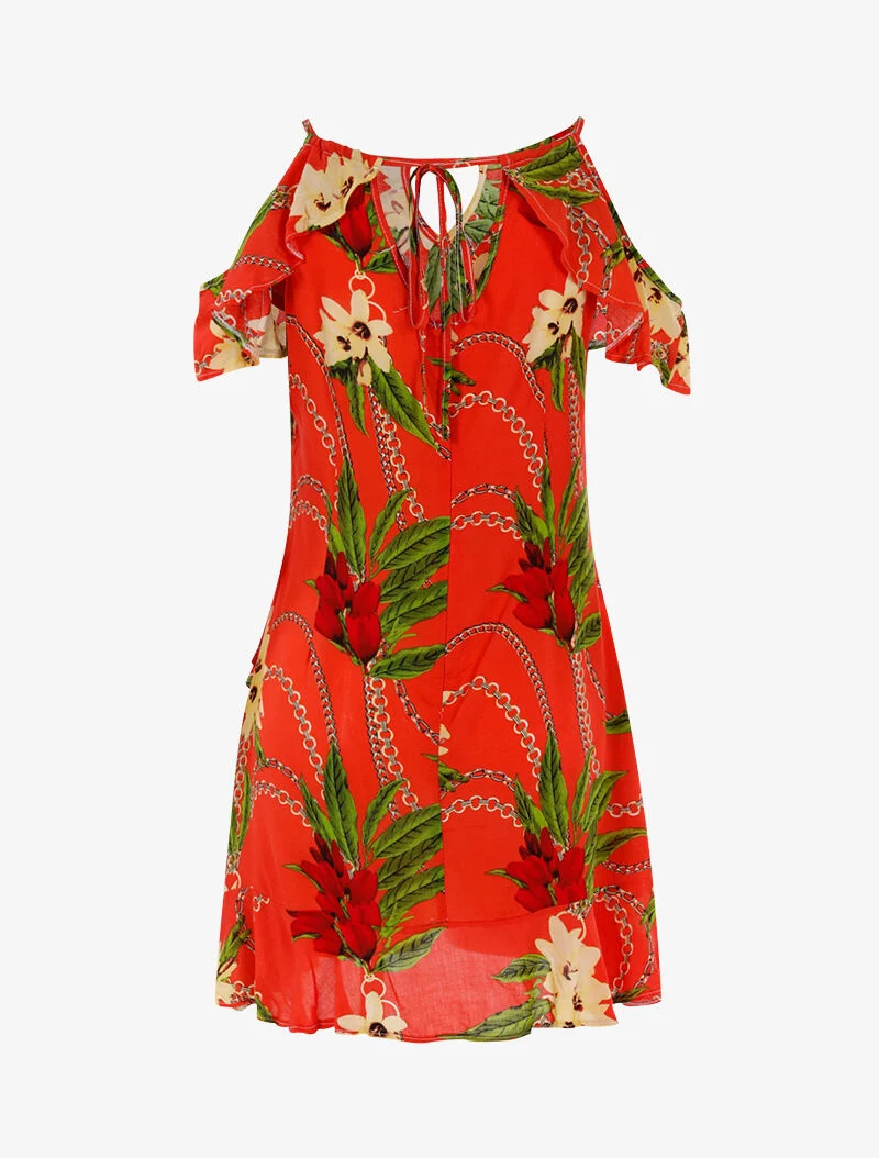 Robe légère à imprimé floral et chaînes - rouge orangé