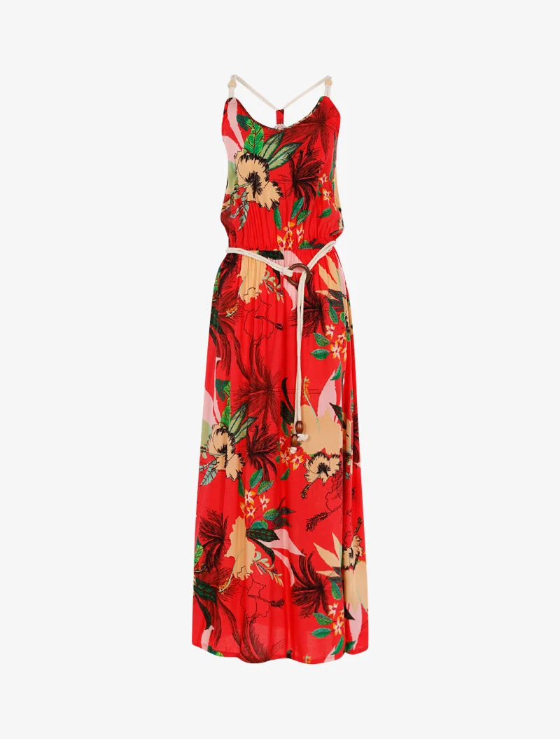 Robe à imprimé tropical et détails style cordes - rouge