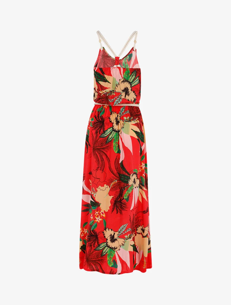 Robe à imprimé tropical et détails style cordes - rouge