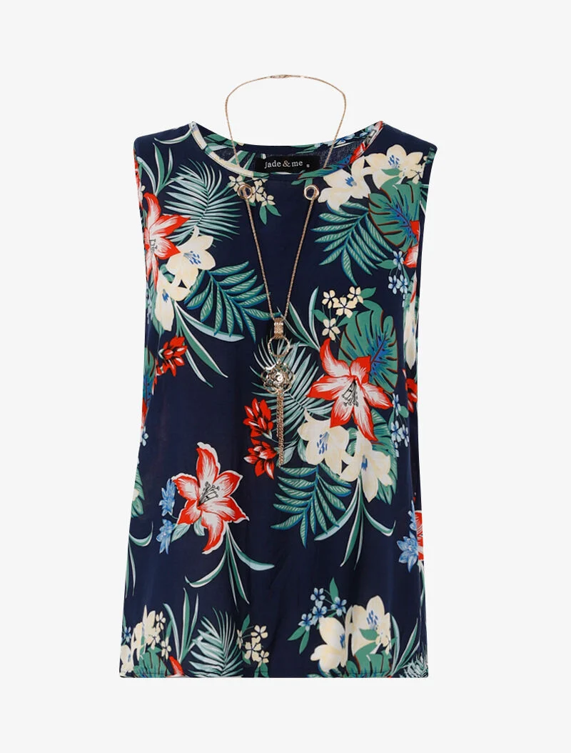 Top à imprimé fleuri et sautoir - marine