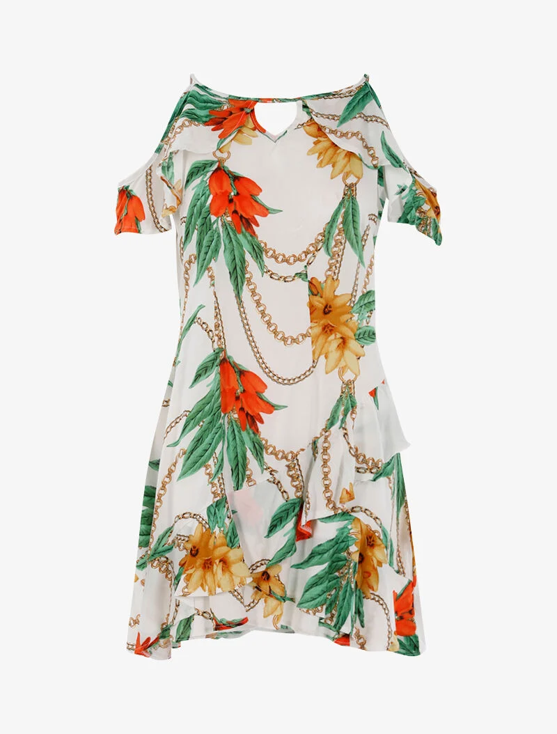 Robe légère à imprimé floral et chaînes - blanc