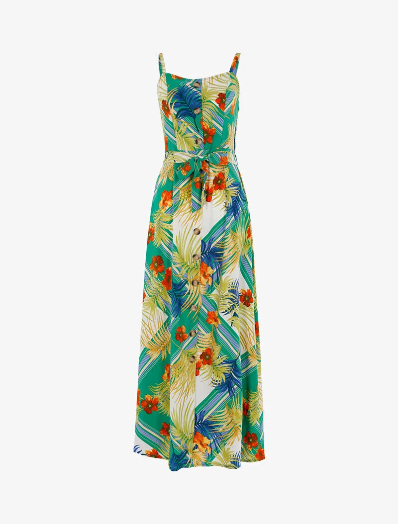 Robe à imprimé feuillages et fleurs - vert