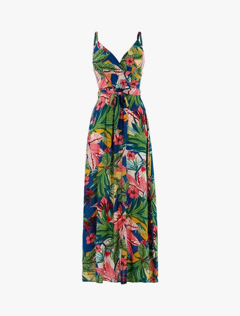 Robe longue à imprimé tropical - bleu
