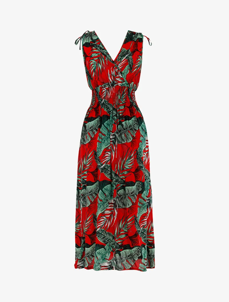 Robe à buste cache-coeur et imprimé tropical - rouge