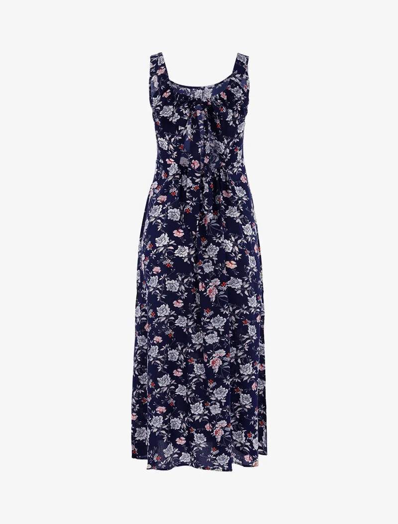 Robe fleurie à dos ajouré - marine