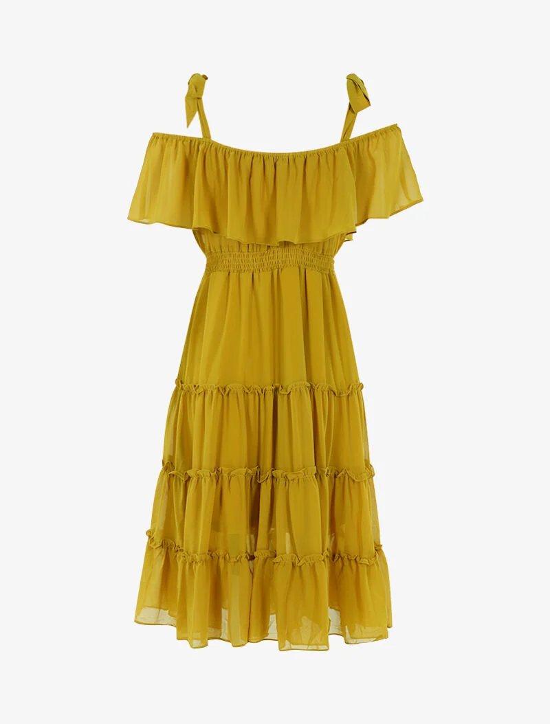 Robe col bardot volantée - jaune