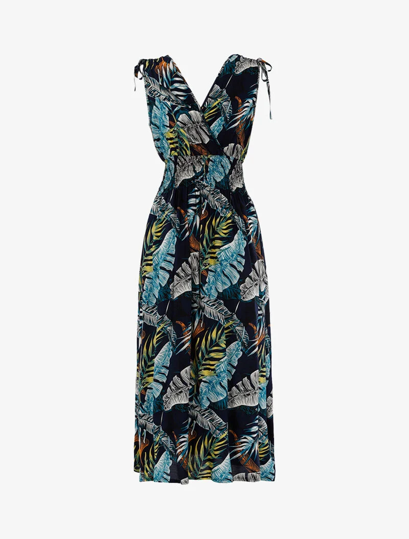 Robe à buste cache-coeur et imprimé tropical - marine