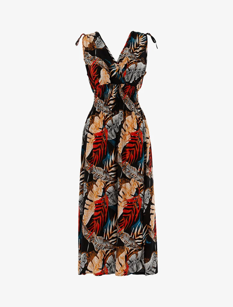Robe à buste cache-coeur et imprimé tropical - noir