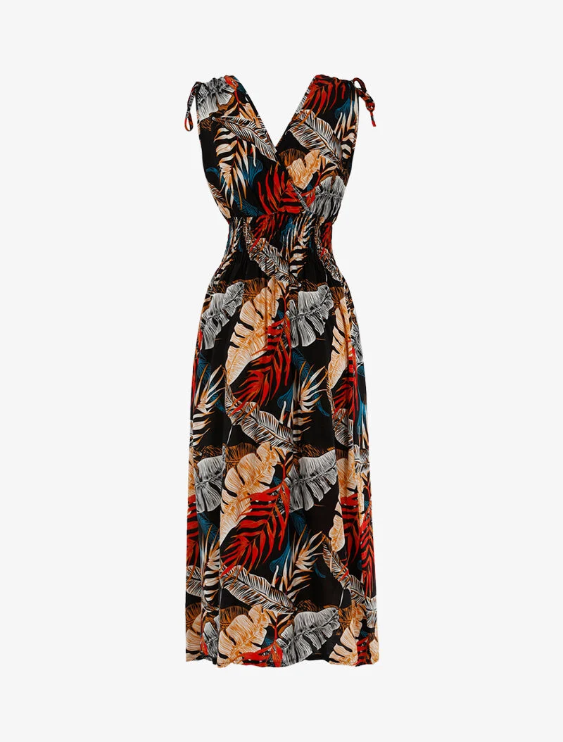 Robe à buste cache-coeur et imprimé tropical - noir