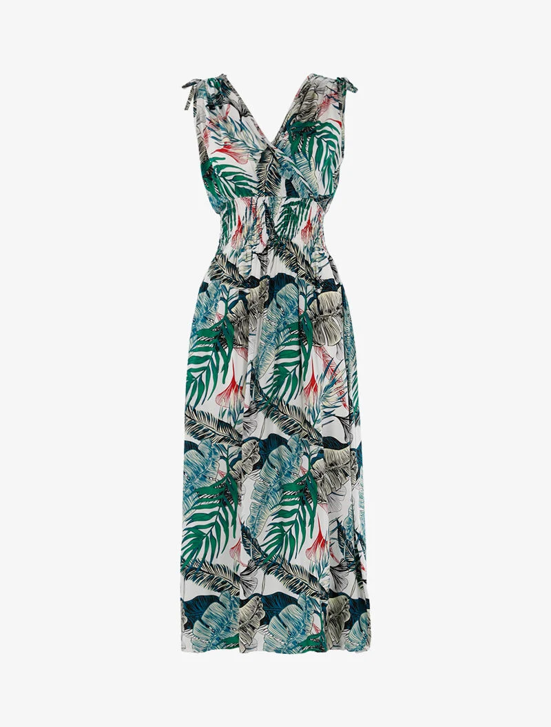 Robe à buste cache-coeur et imprimé tropical - écru - ecru
