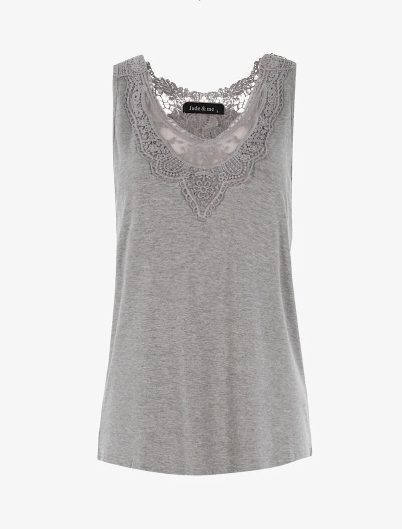 Top à empiècements tulle et crochet - gris clair