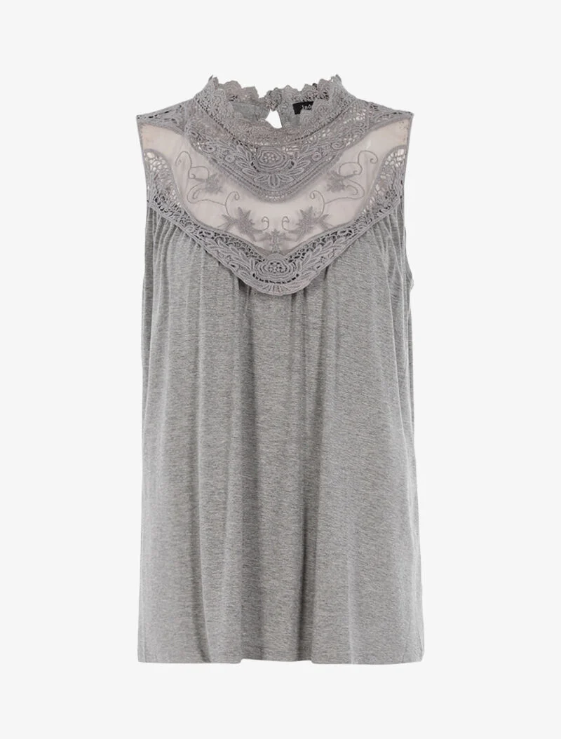 Top à décolleté en tulle et crochet - gris clair