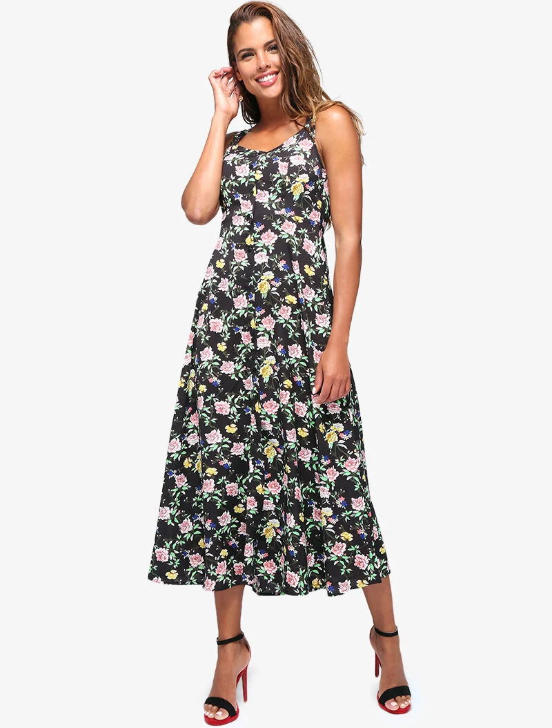 Robe fleurie à dos ajouré - noir