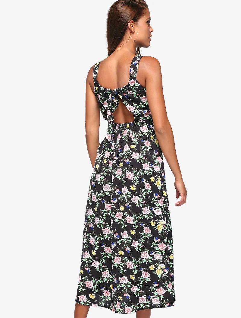 Robe fleurie à dos ajouré - noir
