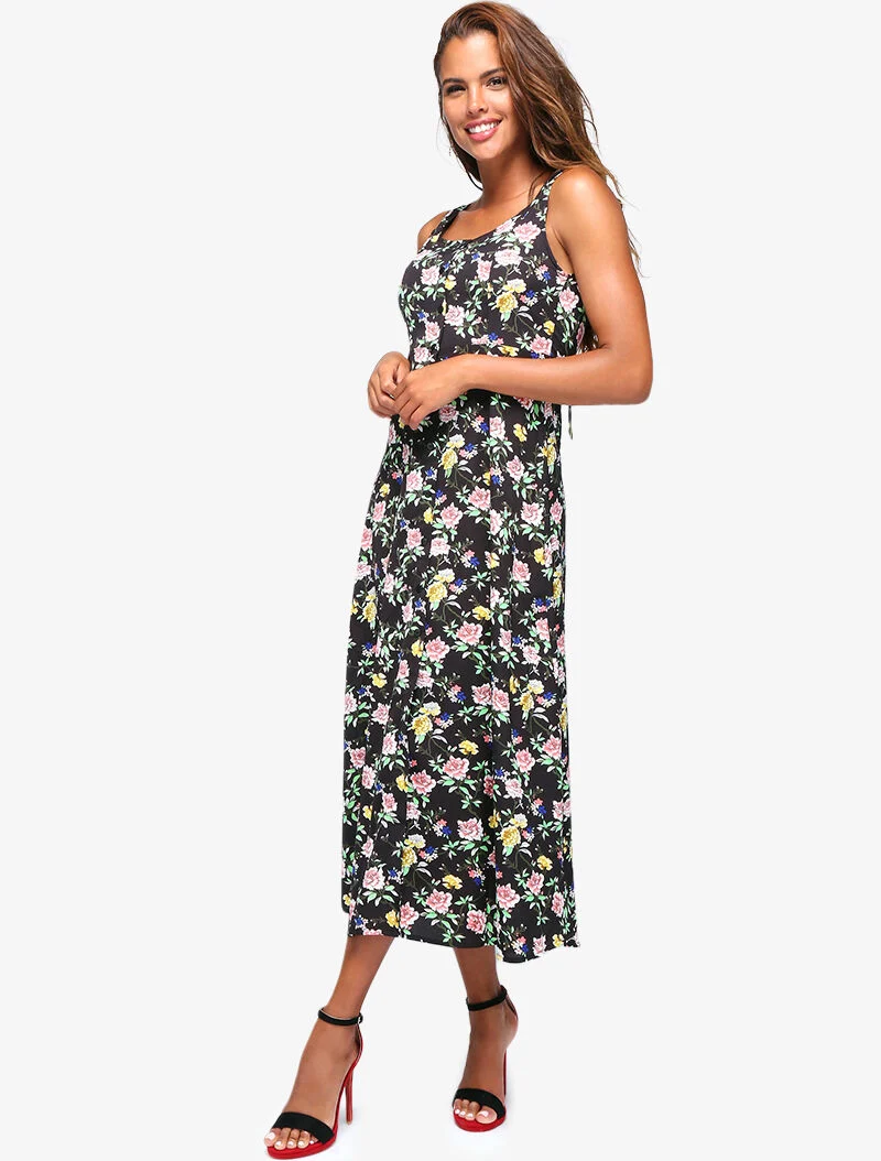 Robe fleurie à dos ajouré - noir