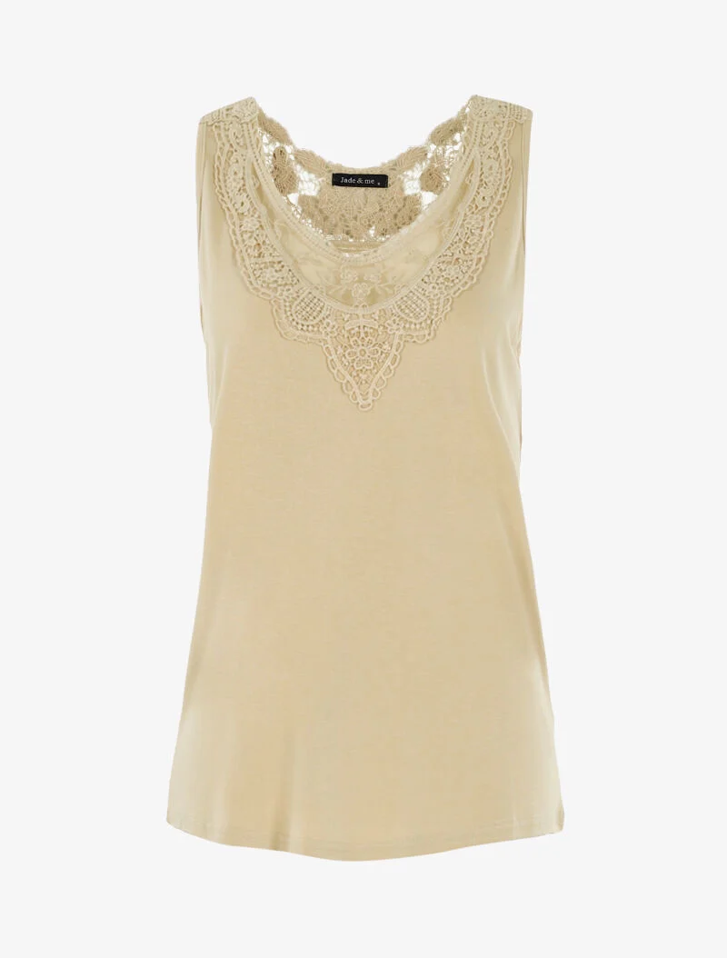 Top à empiècements tulle et crochet - beige