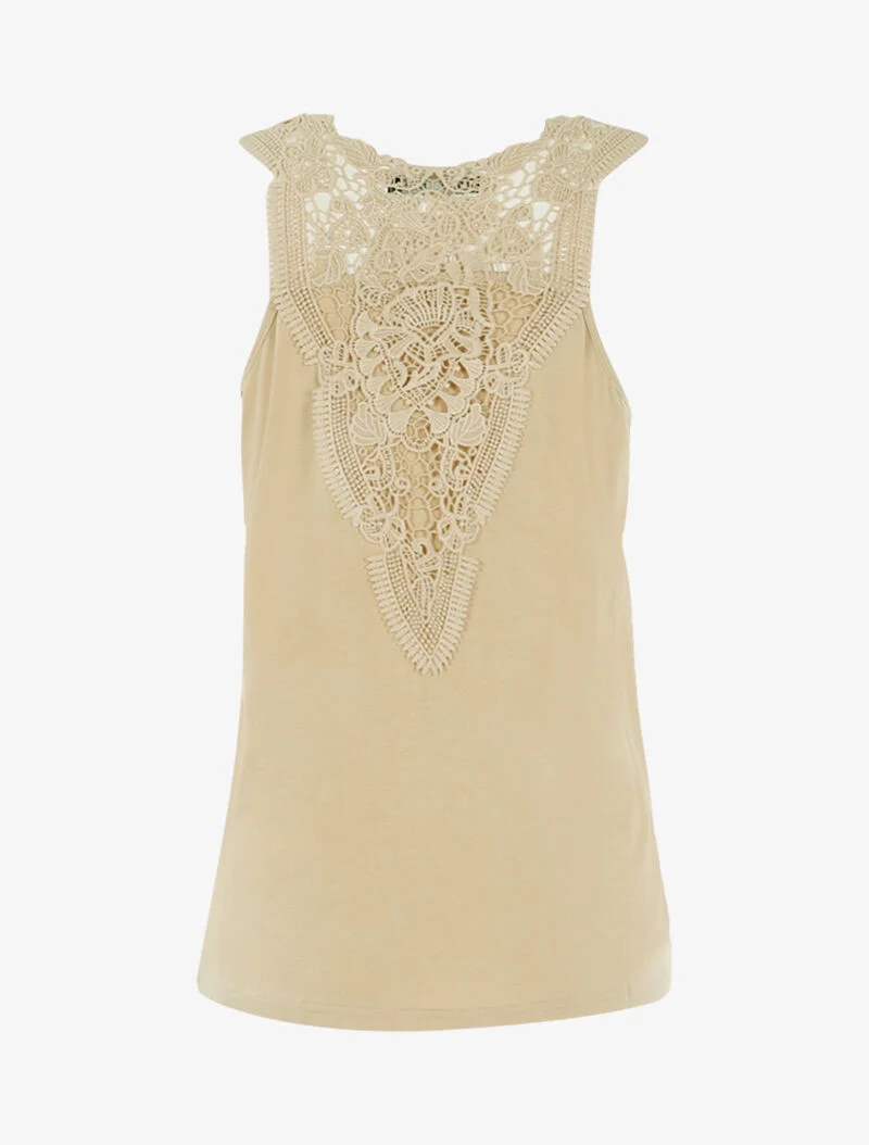 Top à empiècements tulle et crochet - beige