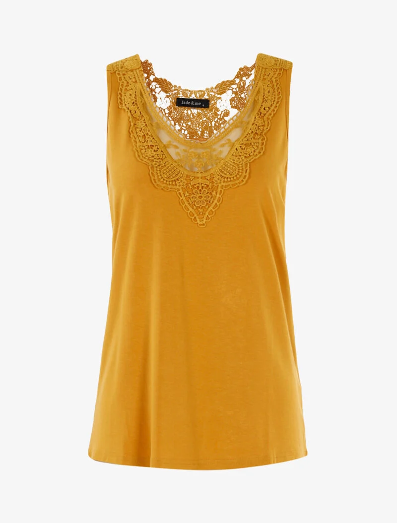 Top à empiècements tulle et crochet - jaune