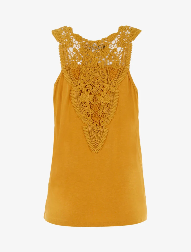 Top à empiècements tulle et crochet - jaune