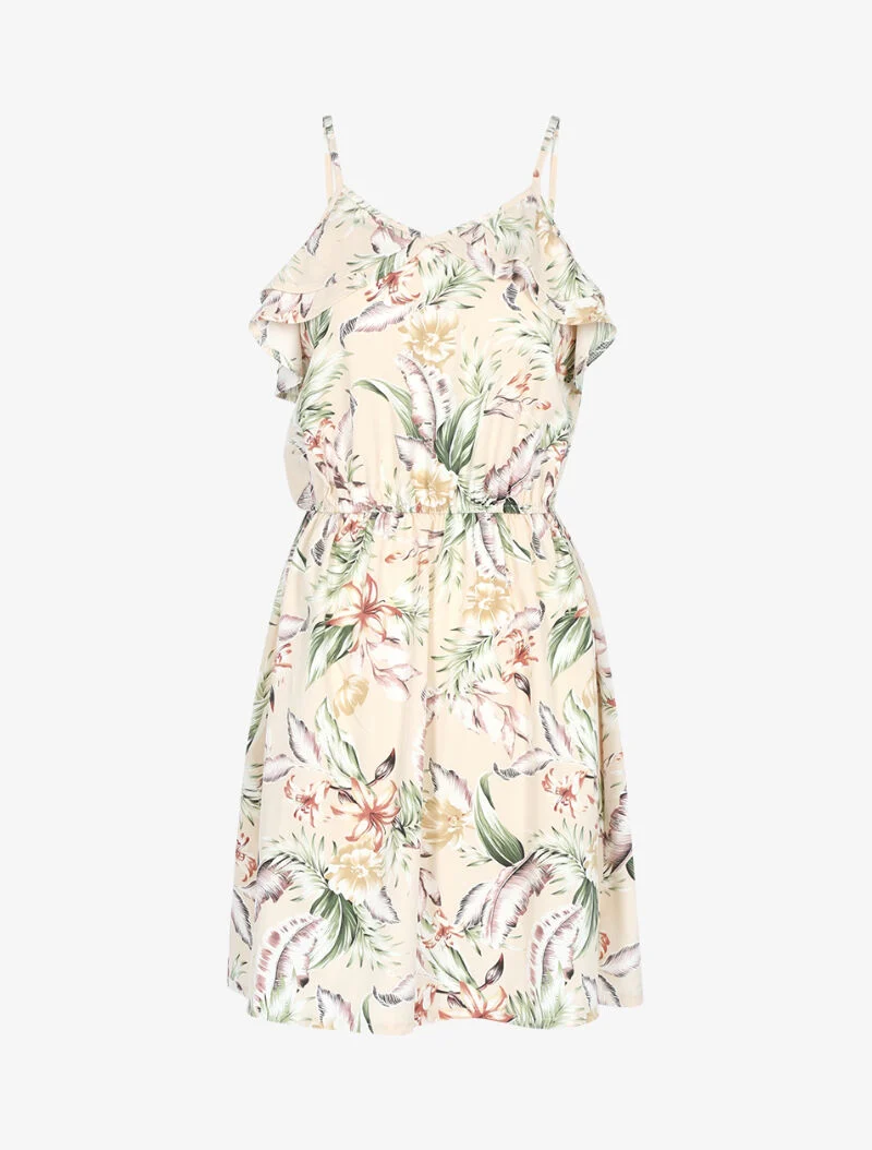 Robe imprimée à encolure volantée - beige