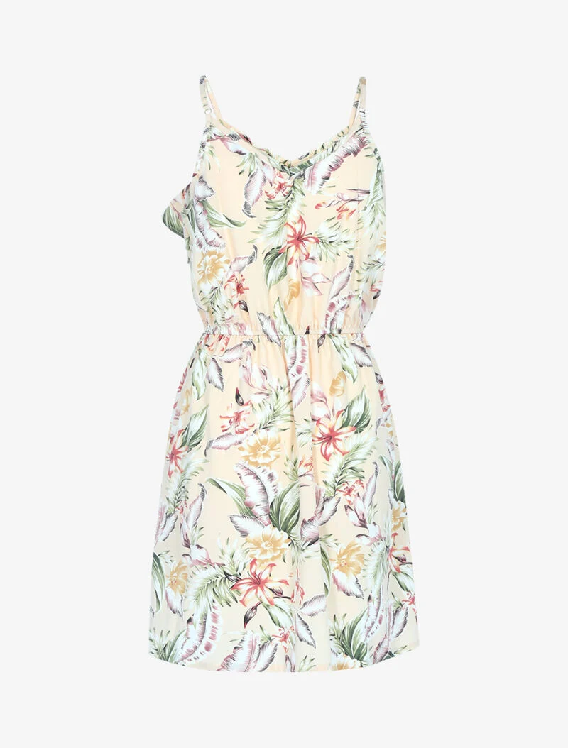Robe imprimée à encolure volantée - beige