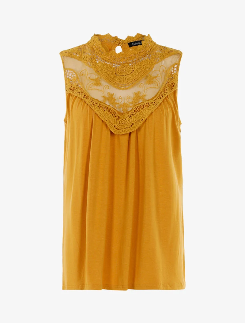 Top à décolleté en tulle et crochet - jaune