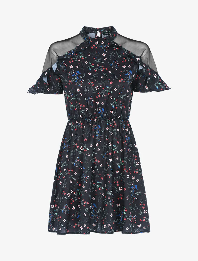 Robe fleurie à épaules ajourées - noir