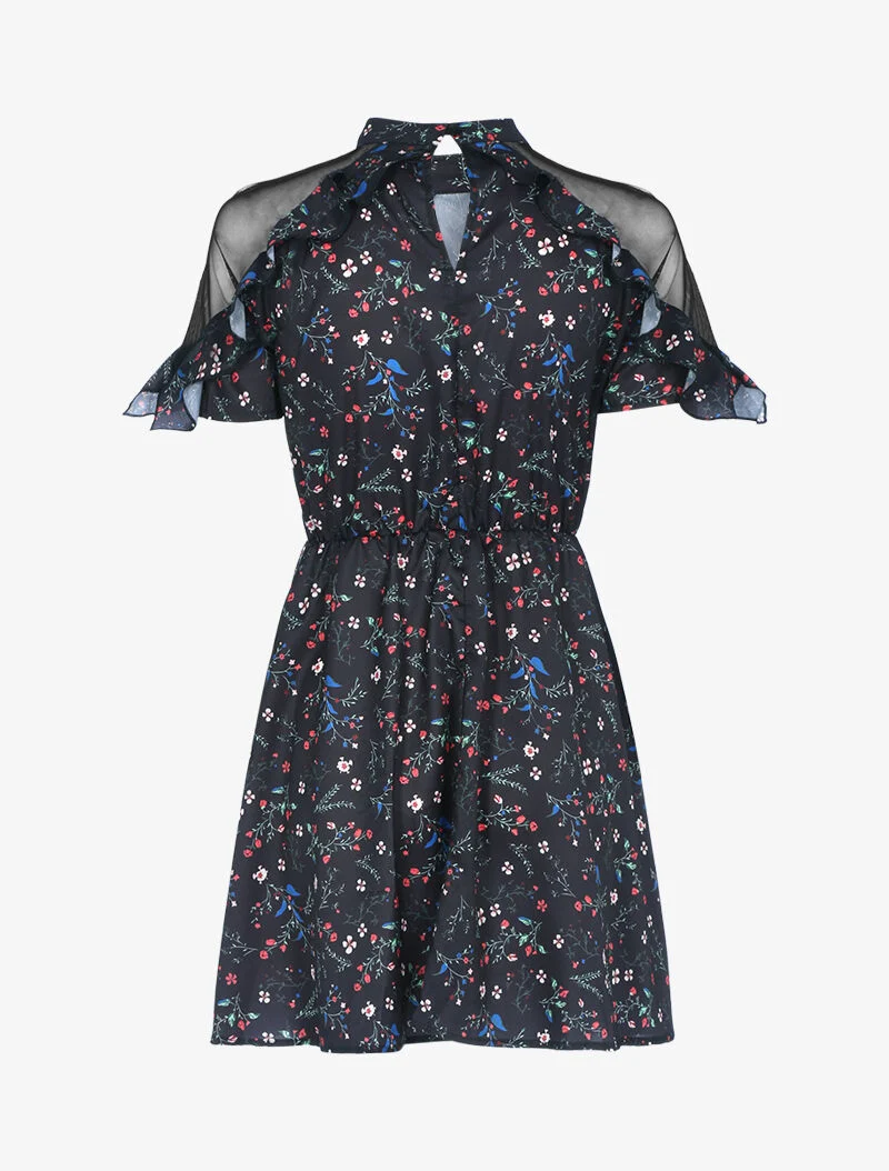 Robe fleurie à épaules ajourées - noir