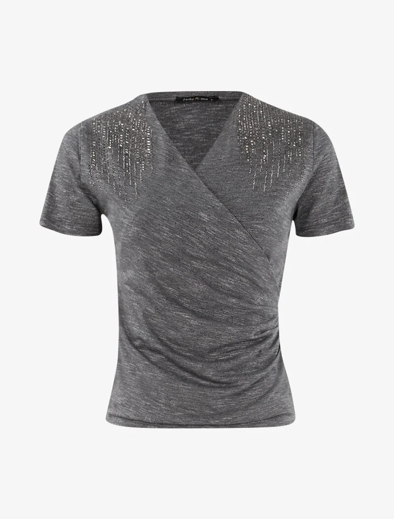 Top chiné à épaules strassées - gris foncé