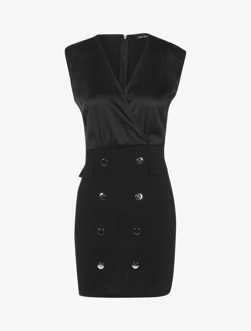 Robe bi matière à boutons décoratifs - noir