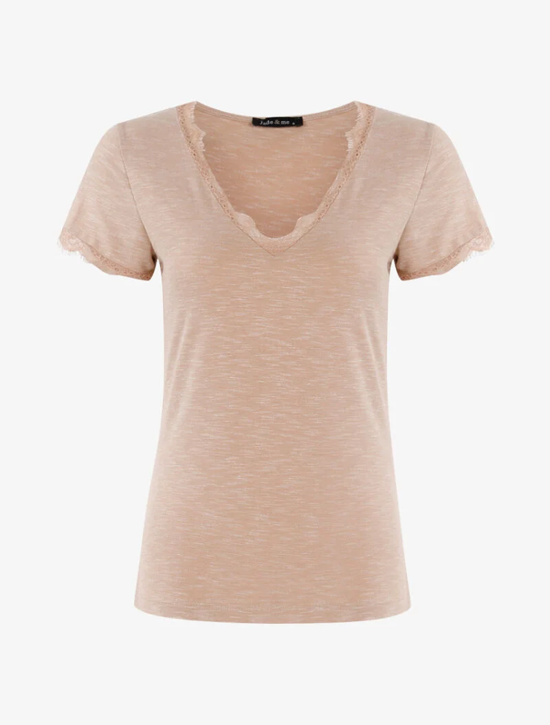 T-shirt chiné à bord dentelle - beige