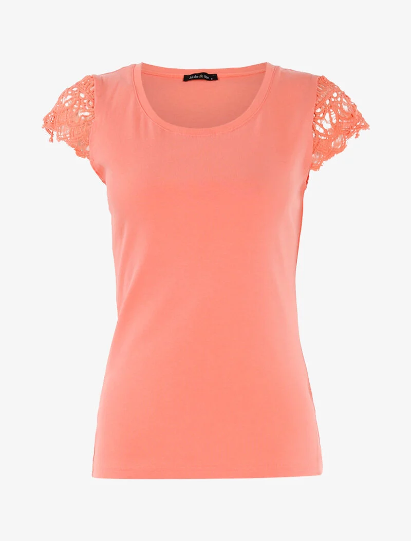 T-shirt à mancherons en crochet - corail